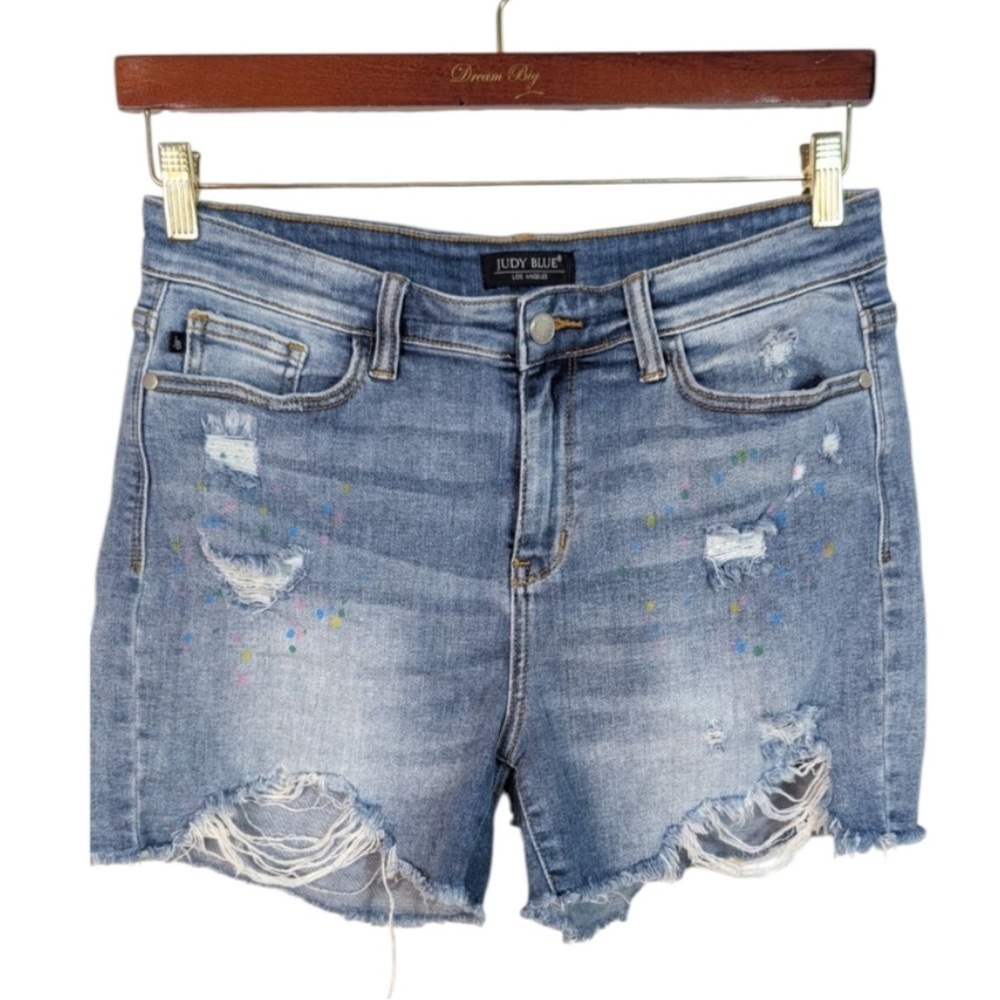 Judy Blue - Paint Spatter Distressed Jean Shorts - Light Blue